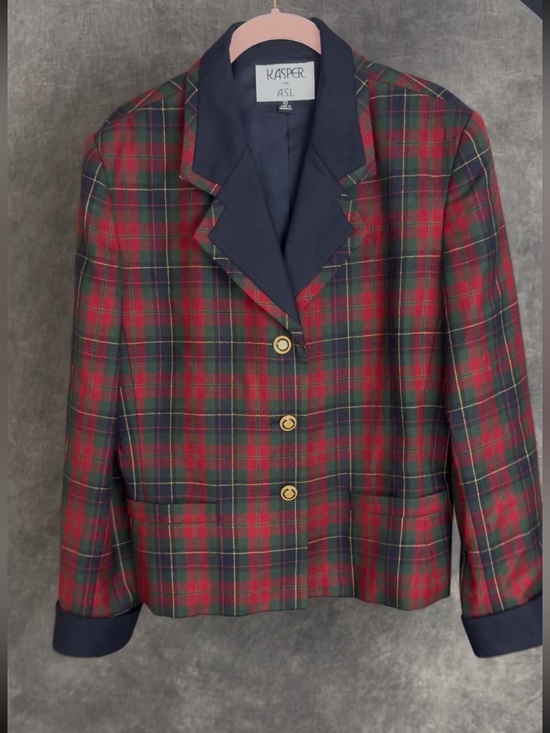 Kasper Jackets & Blazers - Kasper ASL Red Green Plaid Wool Blazer Gold Buttons Size 10
